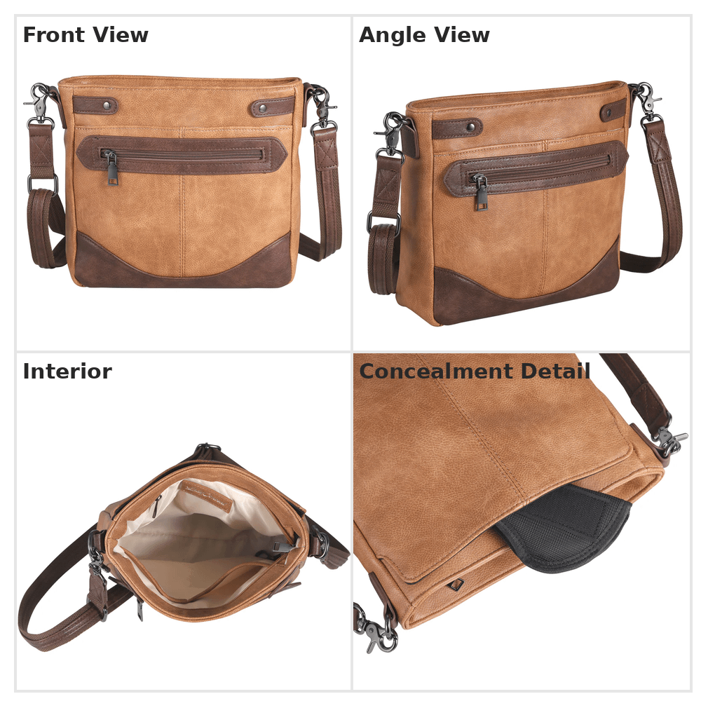 Collage showing front, angled, back, and interior views of the Concealed Carry Addison Crossbody by Lady Conceal