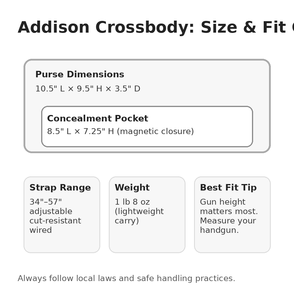 Addison Crossbody dimensions 10.5 by 9.5 by 3.5 inches and concealment pocket size 8.5 by 7.25 inches