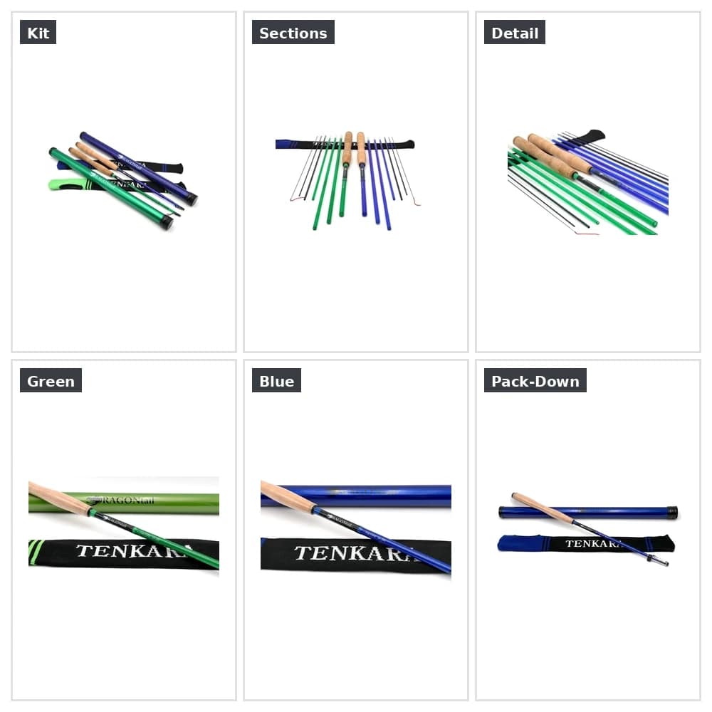 Collage of FoxFIRE zx280 zoom tenkara rod showing sections, colorways, and close-up details
