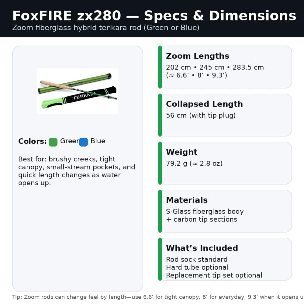 FoxFIRE zx280 specs showing zoom lengths, collapsed length, weight, materials, and color options