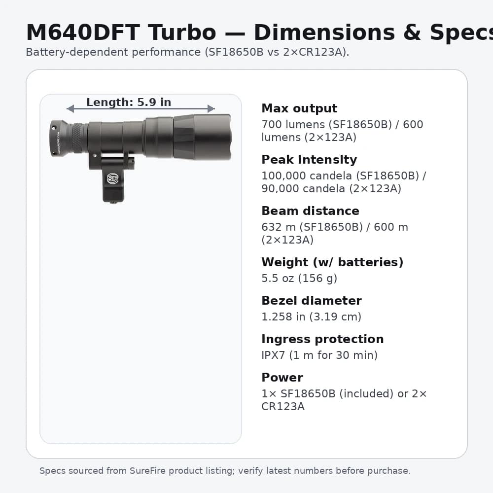 SureFire M640DFT Turbo dimensions and specs graphic with key measurements