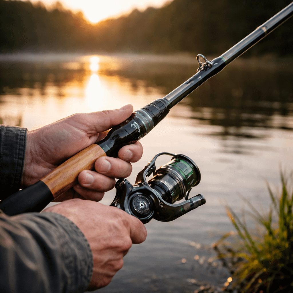 Angler holding a one-piece carbon spinning rod with wooden grip at sunrise