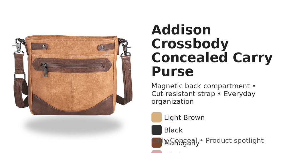 Concealed Carry Addison Crossbody by Lady Conceal in light brown with front zipper pocket and adjustable strap