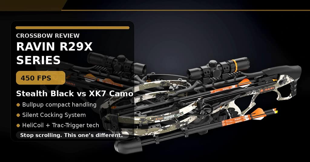 Ravin R29X and R29X XK7 bullpup crossbows shown side-by-side with “450 FPS” review callouts