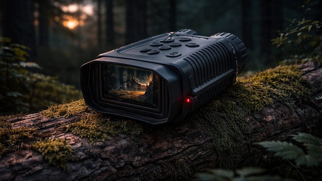 Rexing B1 Mini 1080p night vision binoculars on a log with a night forest background