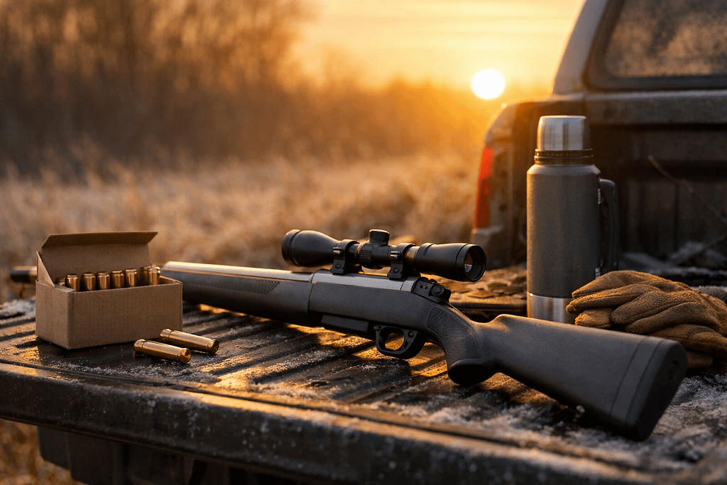Lightweight straight-wall deer rifle and ammo on tailgate at sunrise, 2026 whitetail gear shift
