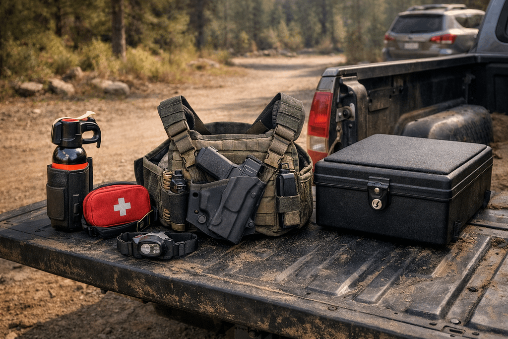 Backcountry defensive firearm setup with chest rig, bear spray, and locked vehicle storage in a dusty trailhead setting