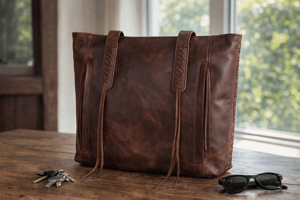Lady Conceal Norah Leather Tote in dark mahogany on a rustic wooden table with laced stitching and long tassels