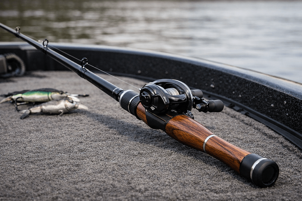 CarboniteX one-piece casting rod with wooden split grip and micro guide train