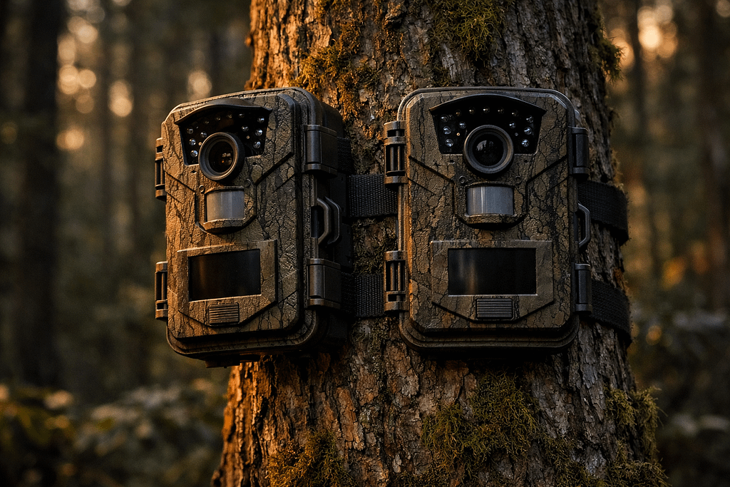 Rexing Woodlens H2 4K Wi-Fi trail camera 2 pack mounted on a tree at dusk