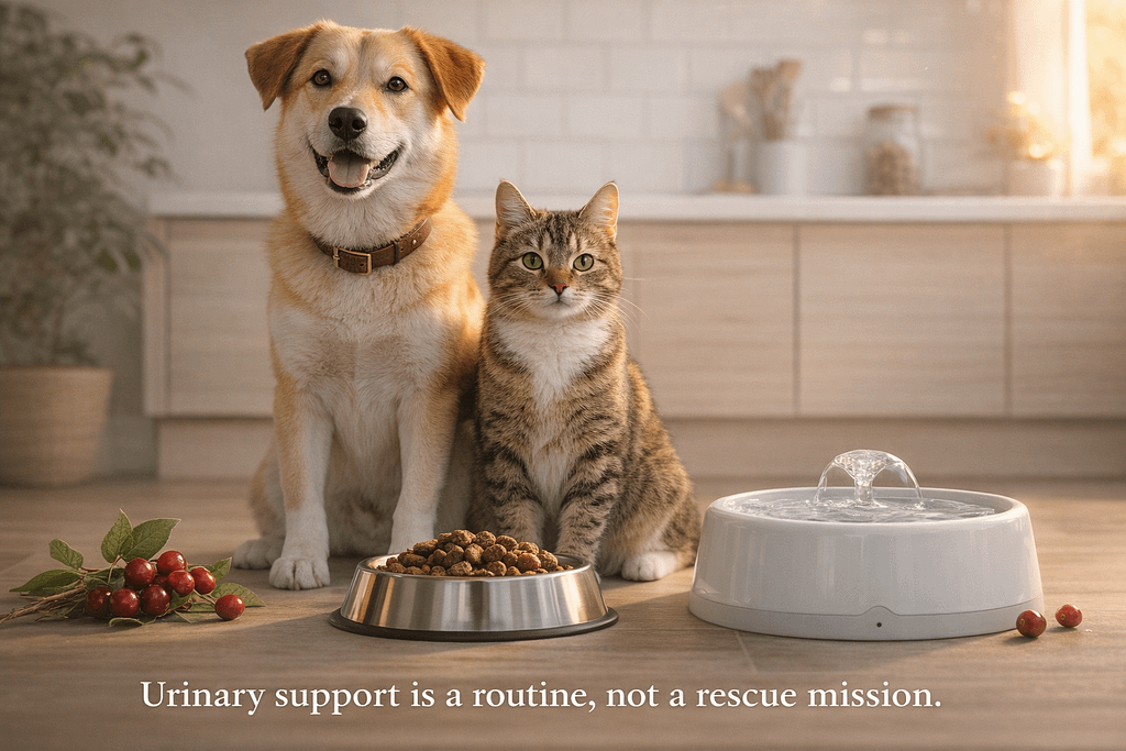 Cranberry D-mannose urinary tract support concept with dog and cat beside food bowl and water