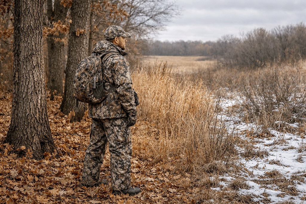 best camo pattern for Midwest hunting shown in hardwood timber field edge and late season cover