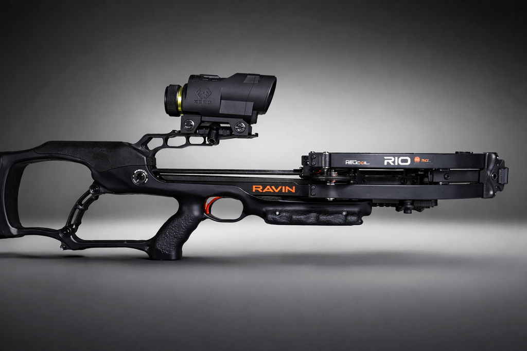 Ravin crossbow with Ravin Integrated Xero X1i scope mounted, studio lighting, gray background