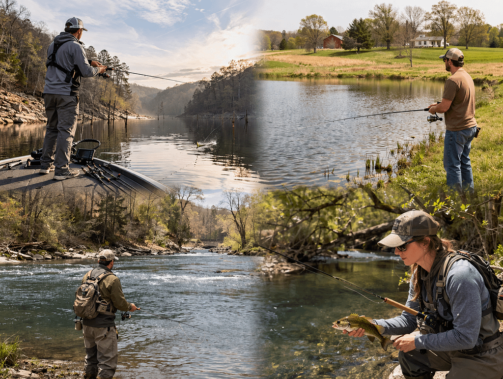 spring bass fishing collage showing reservoir pond river and creek anglers using different setups in early spring