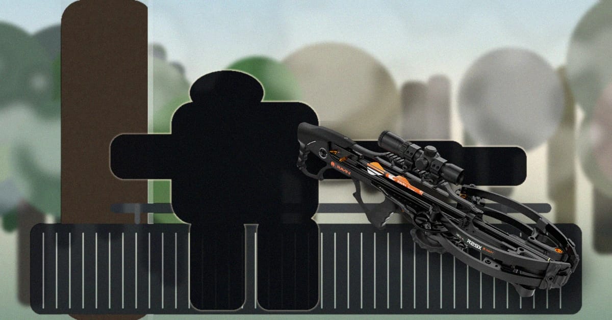 Hunter using a compact bullpup crossbow in a treestand showing controlled movement in tight quarters