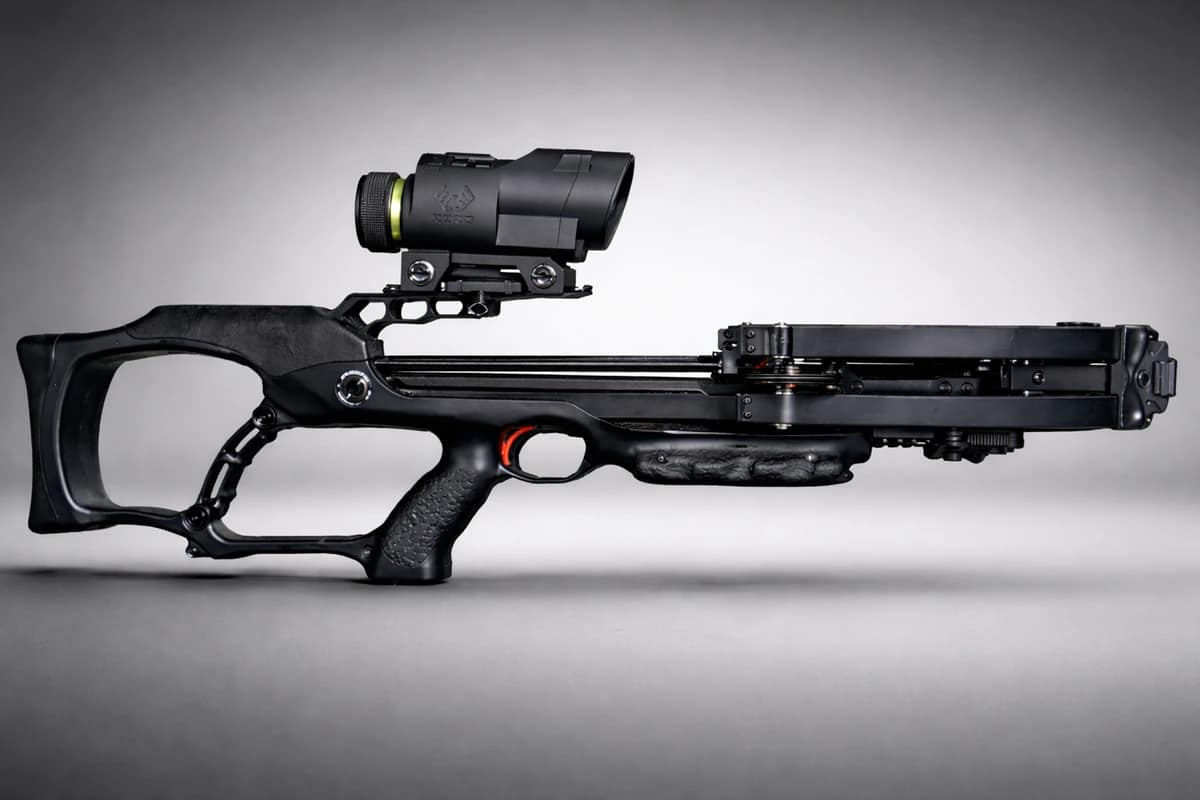 Side profile of Ravin crossbow with Xero X1i scope mounted on rail