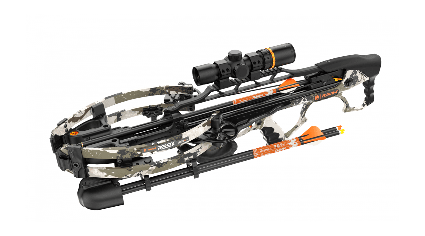 Ravin R29X XK7 camo crossbow three-quarter view showing Kings XK7 pattern on limbs and stock cutouts