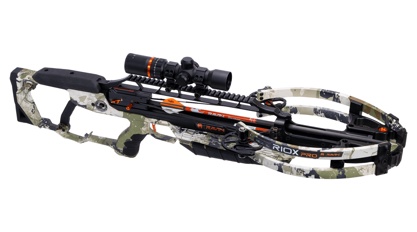 Ravin R10X Pro XK7 crossbow side profile in Kings XK7 camo with mounted scope