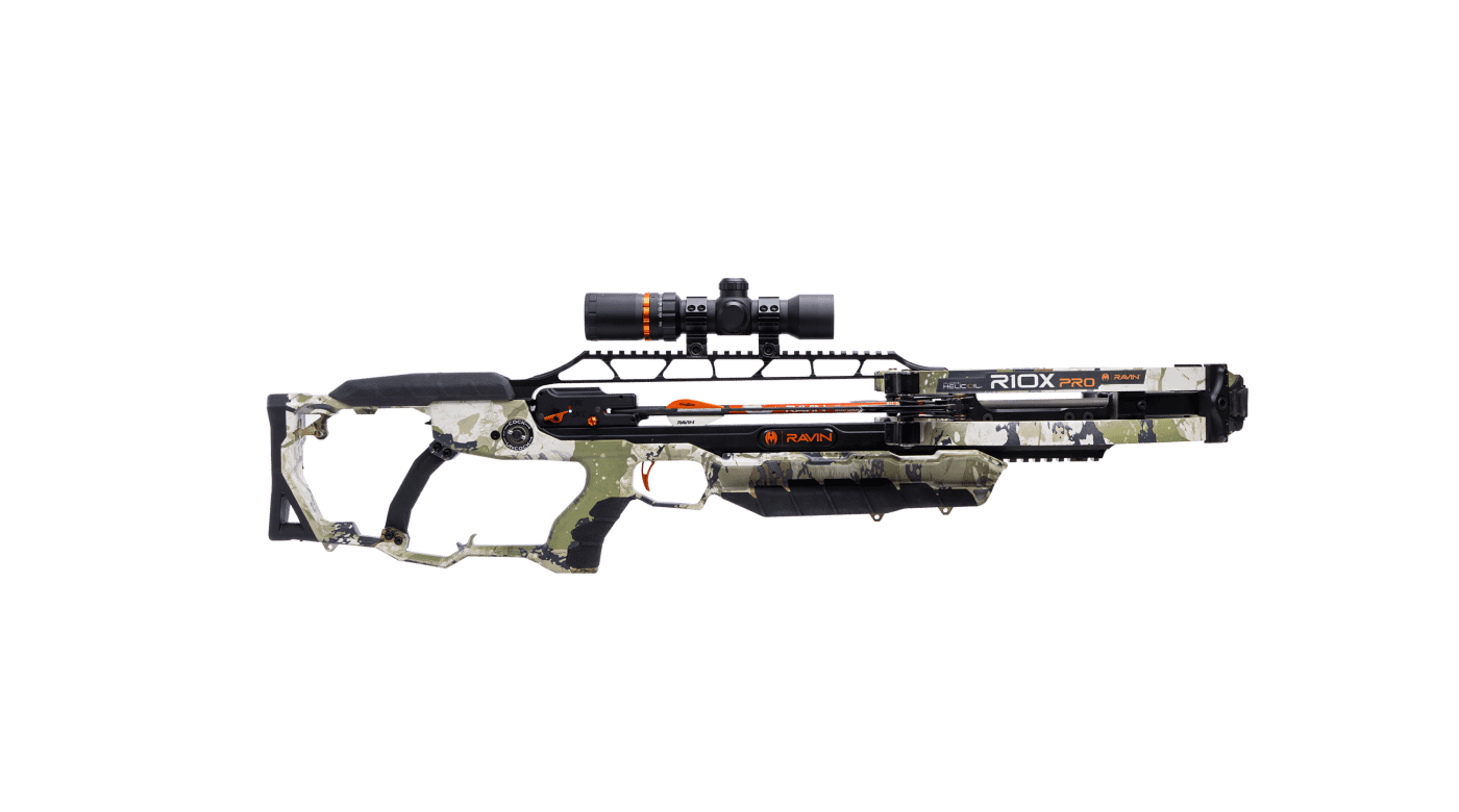 Ravin R10X Pro XK7 broadside product image showing full-length scope rail and compact profile