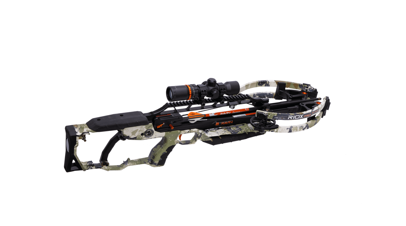 Angled front-quarter product image of the Ravin R10X Pro XK7 showing compact limb width and scope position