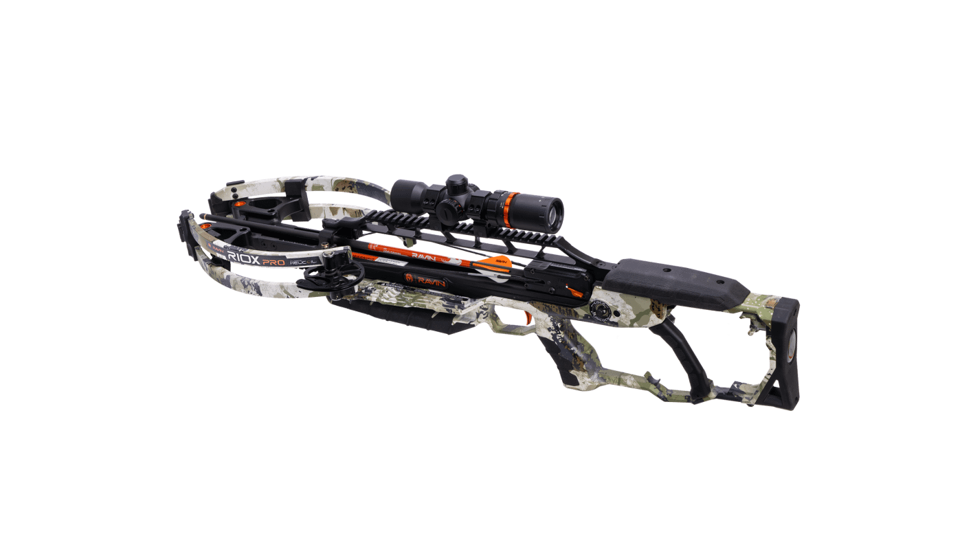 Rear-quarter view of Ravin R10X Pro XK7 showing stock fit, comb area, and compact limb geometry