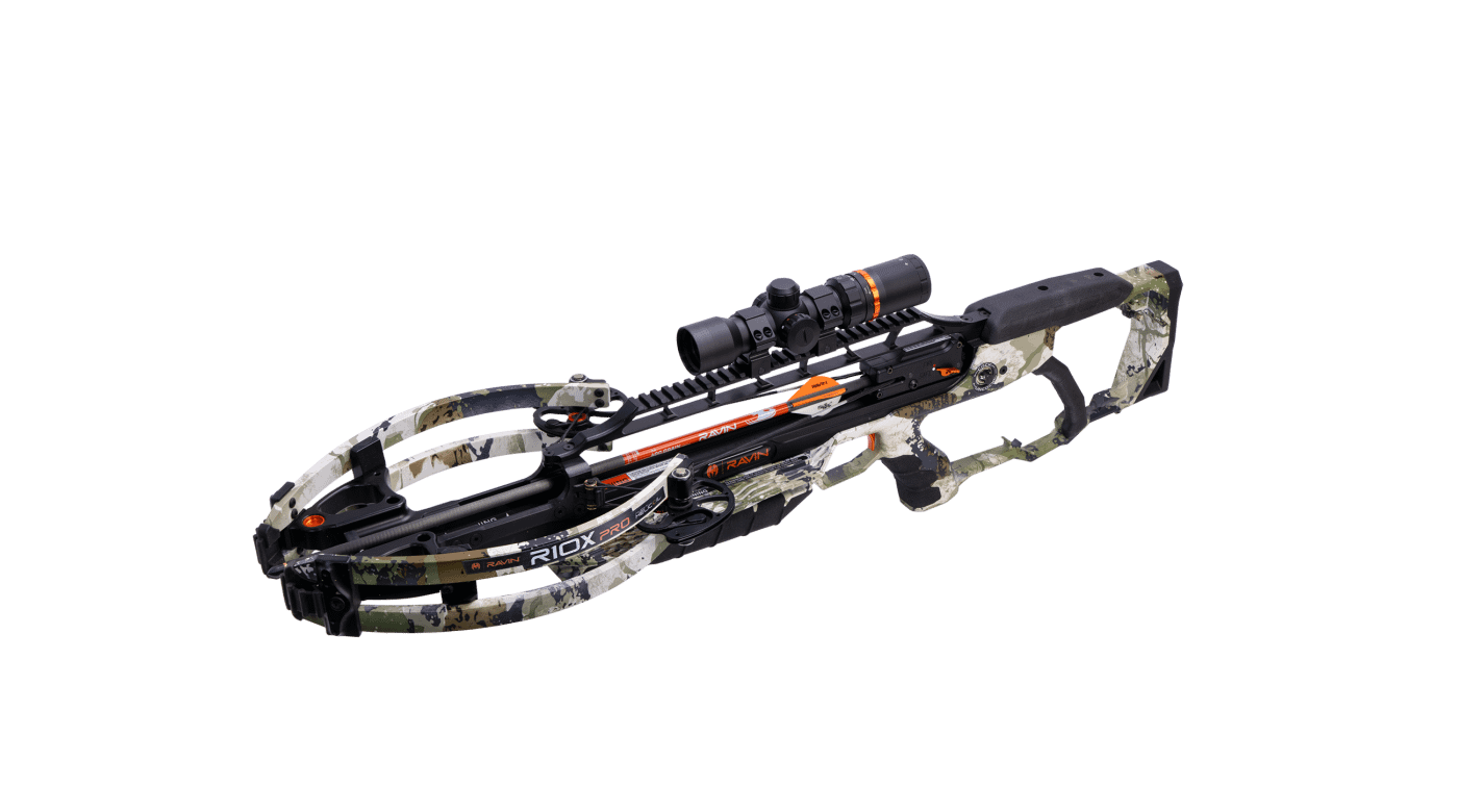 Top-down view of Ravin R10X Pro XK7 highlighting scope alignment, rail, and compact limb structure