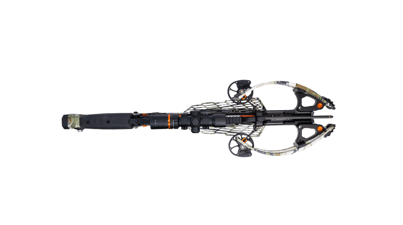 Close angled view of Ravin R10X Pro XK7 showing scope mount, stock contour, and compact front end