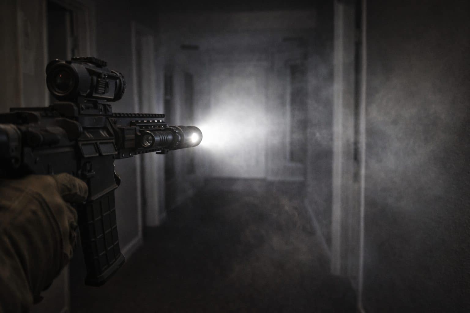 AR-15 flashlight mount position for home defense in a dim hallway
