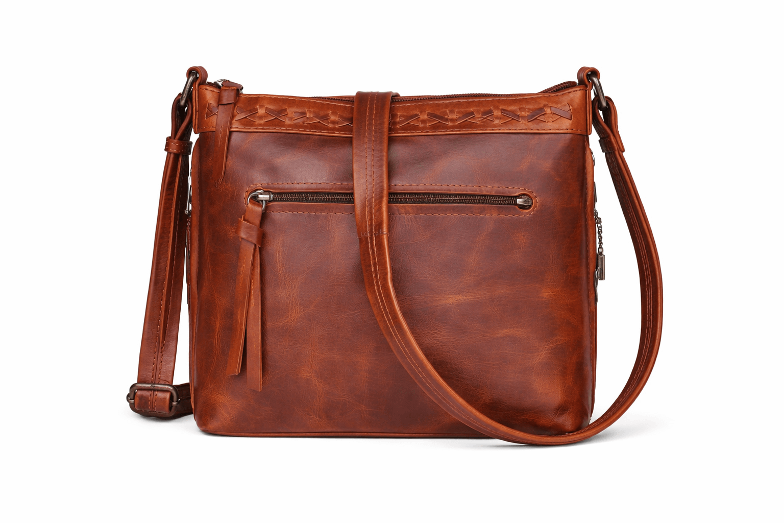 Front view of the Concealed Carry Faith Leather Crossbody by Lady Conceal in Cognac