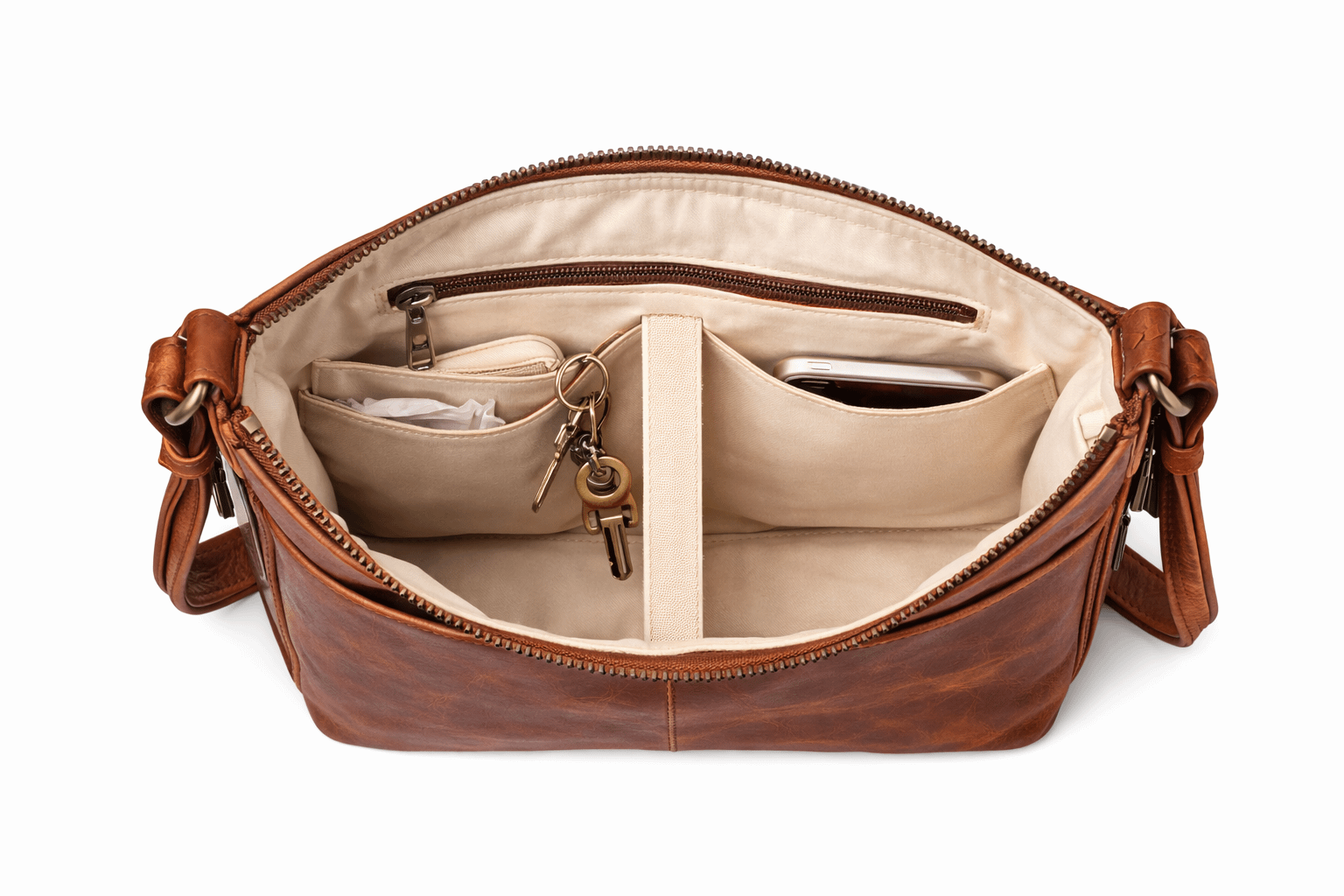 Top-down interior view of the Concealed Carry Faith Leather Crossbody showing pockets and center divider