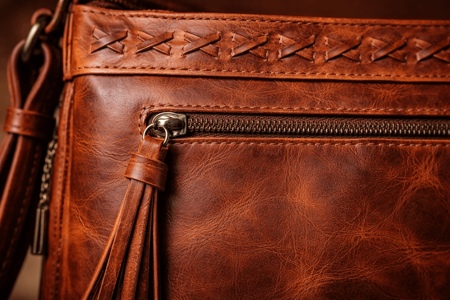 Close-up of stitching and zipper tassel on the Concealed Carry Faith Leather Crossbody in Cognac