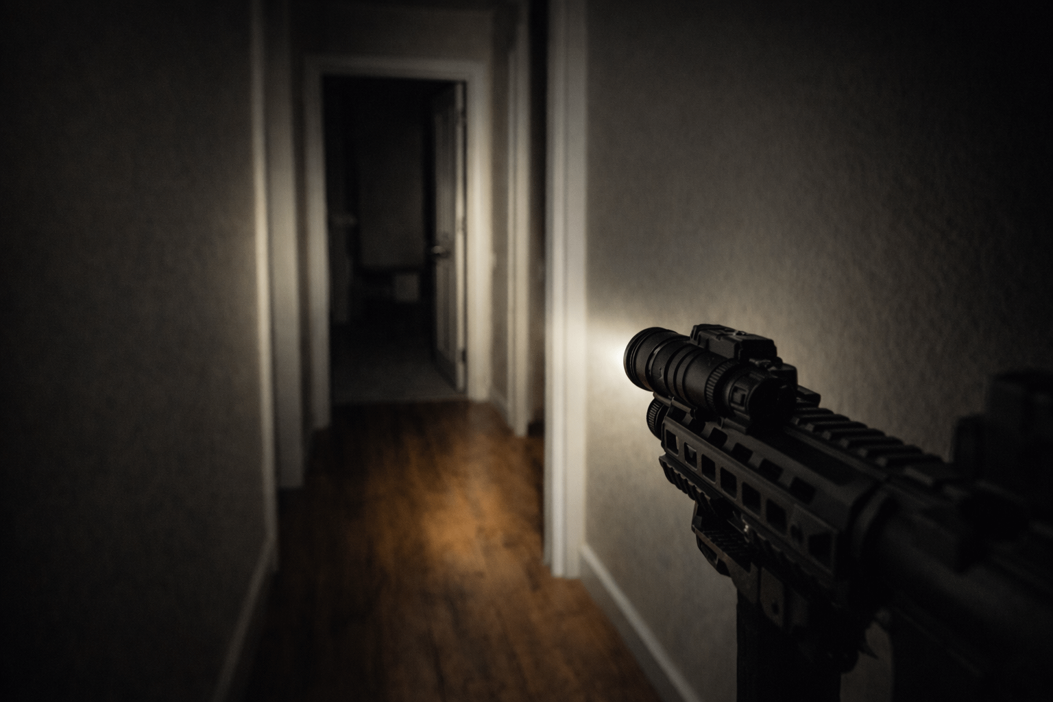 First-person view of an AR-15 with InForce WML Gen 3 illuminating doorway edges in a dim hallway