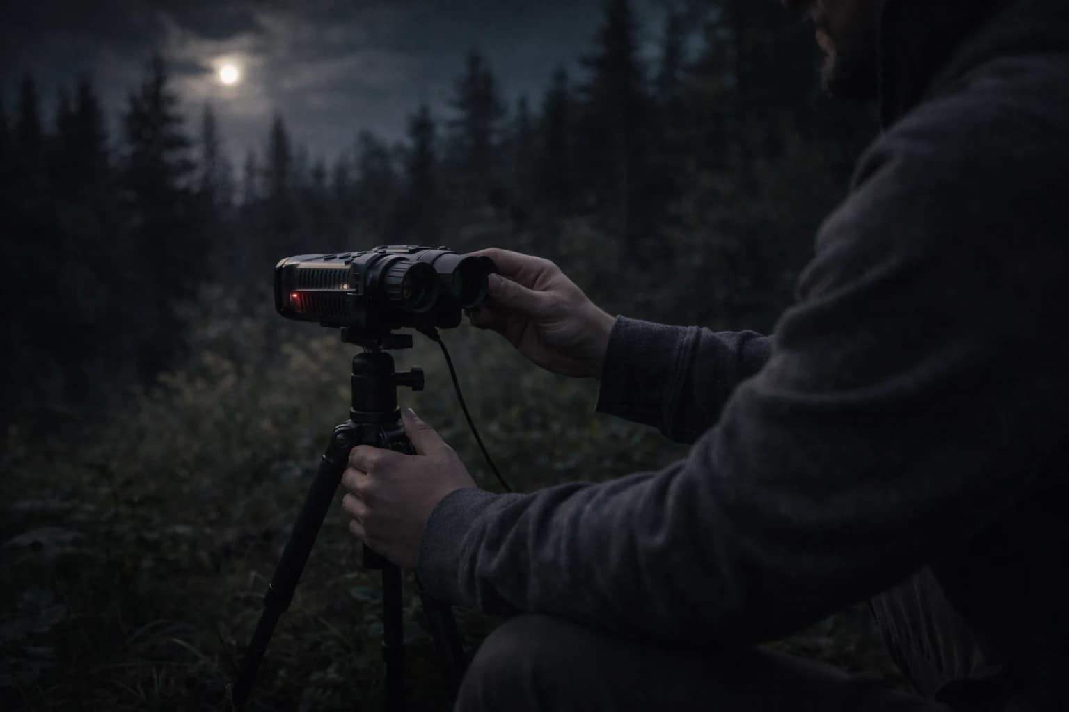 Outdoor creator using a compact night vision binocular on a mini tripod at night