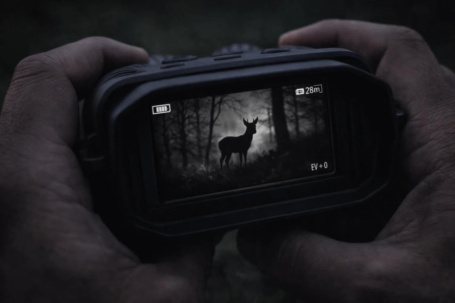 Night vision screen showing an animal silhouette in a wooded clearing