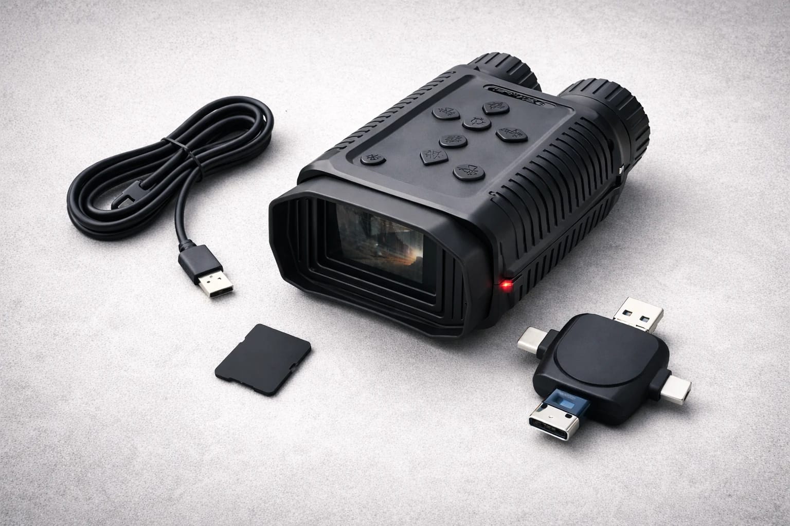 Rexing B1 Mini kit layout with charging cable, microSD card, and multi-connector card reader