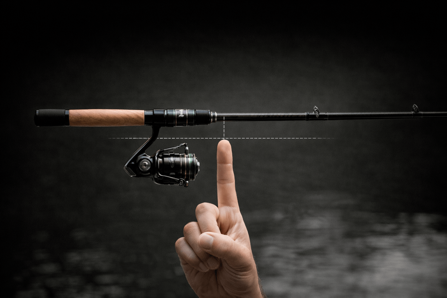 One-piece spinning rod balanced on a finger to show the balance point near the reel seat
