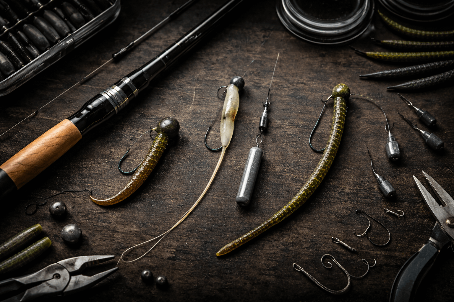 Finesse fishing rigs collage showing Ned rig, drop shot, and shaky head setups