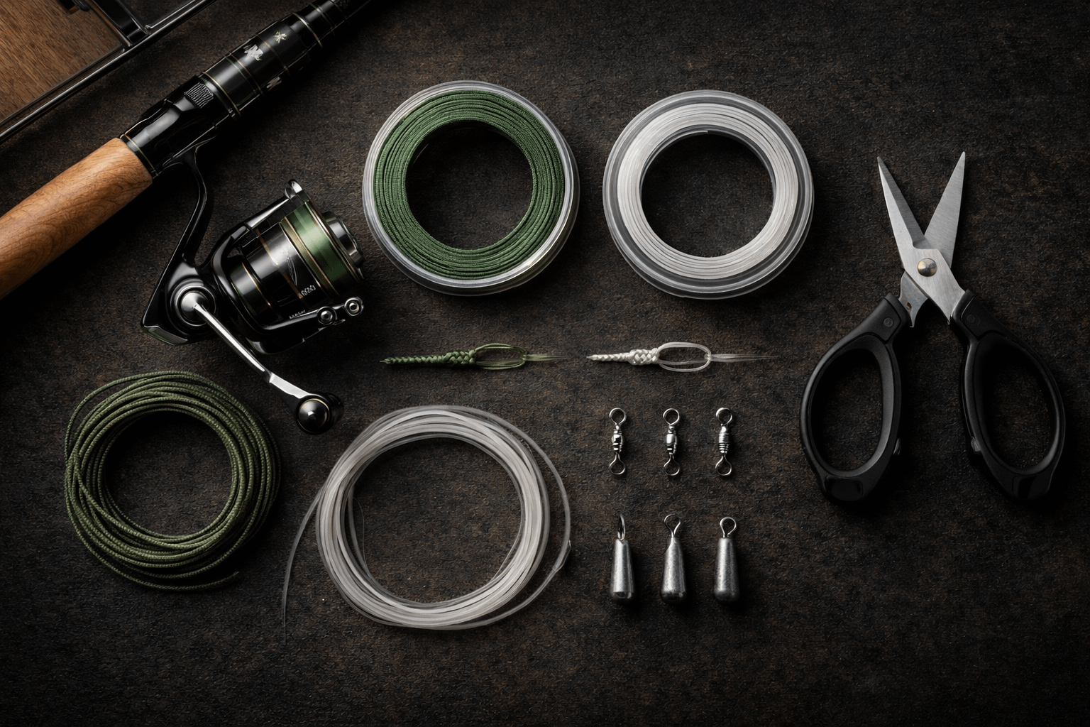 Spinning reel and line setup flat lay showing braid, fluorocarbon leader, knots, and tackle tools