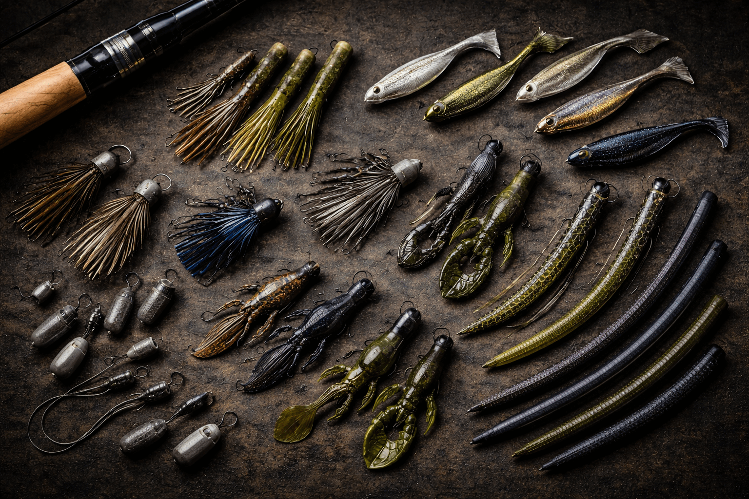 Bass fishing lure spread showing jigs, swimbaits, craws, finesse worms, and terminal tackle