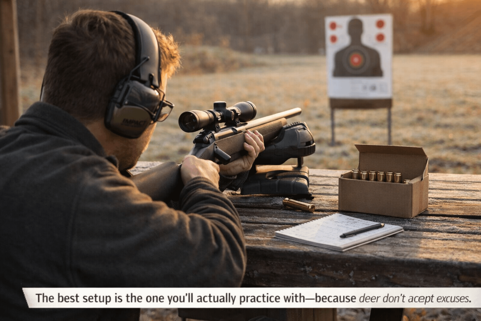 New adult hunter sighting in a lightweight straight-wall deer rifle at a bench