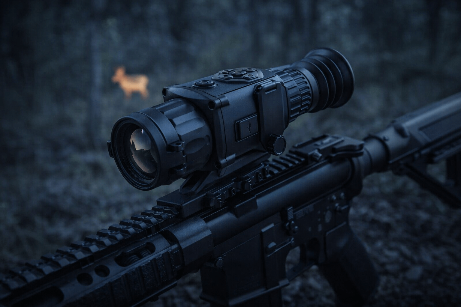 AGM Rattler TS35-640 review — 2–16x 35mm 640 thermal scope mounted on AR rifle at night