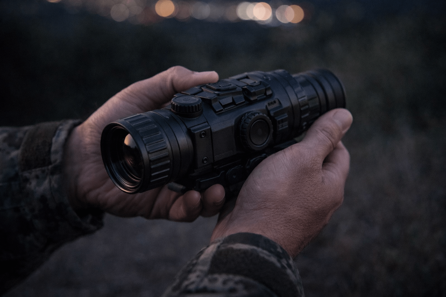Hands holding TS35-640 thermal optic outdoors at night