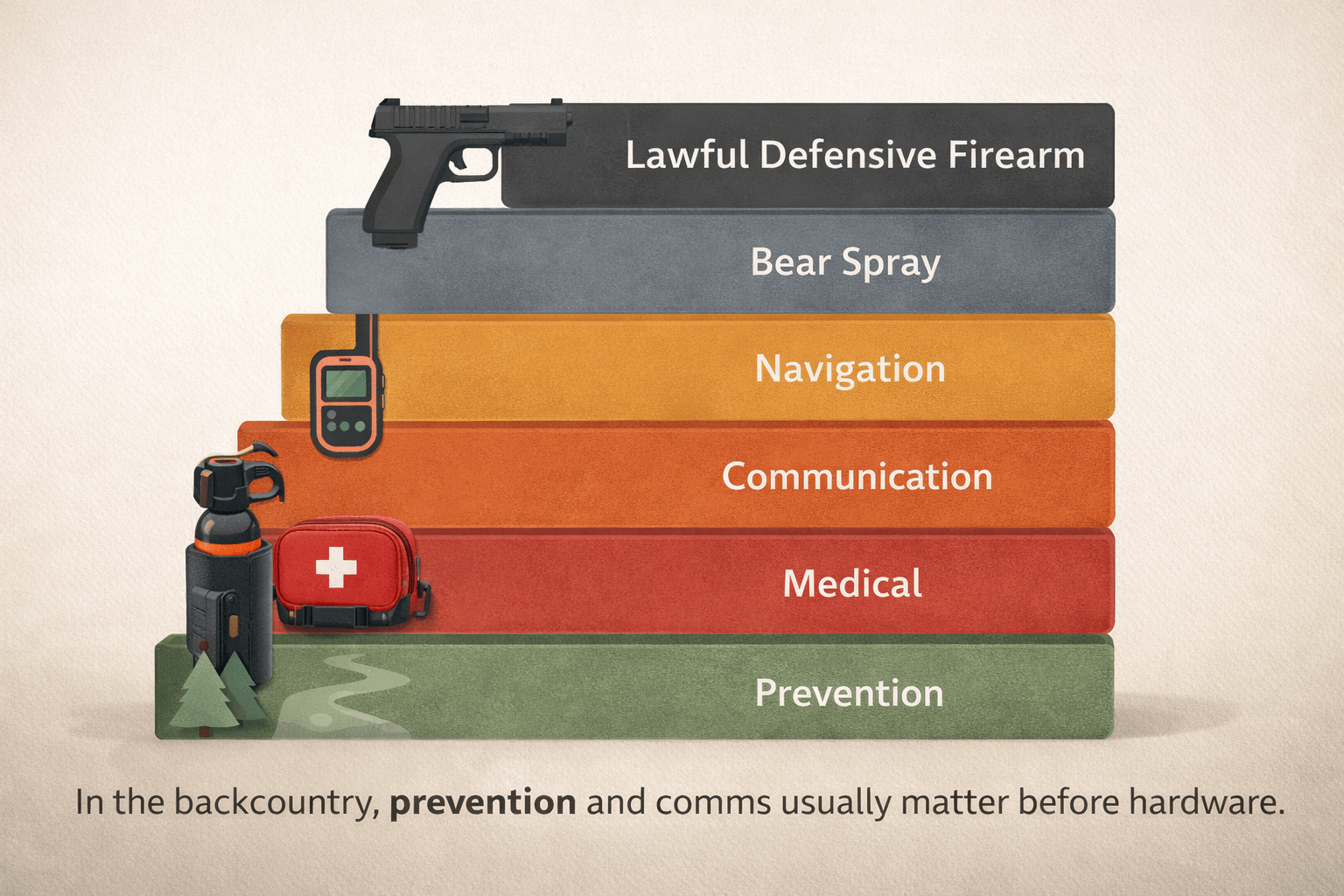 Layered backcountry safety stack showing communication, first aid, bear spray, and legal firearm carry as last layer