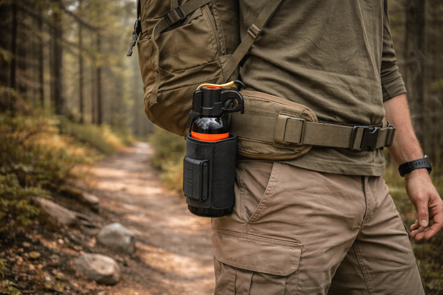 Bear spray carried in an accessible belt holster during a hike in bear country