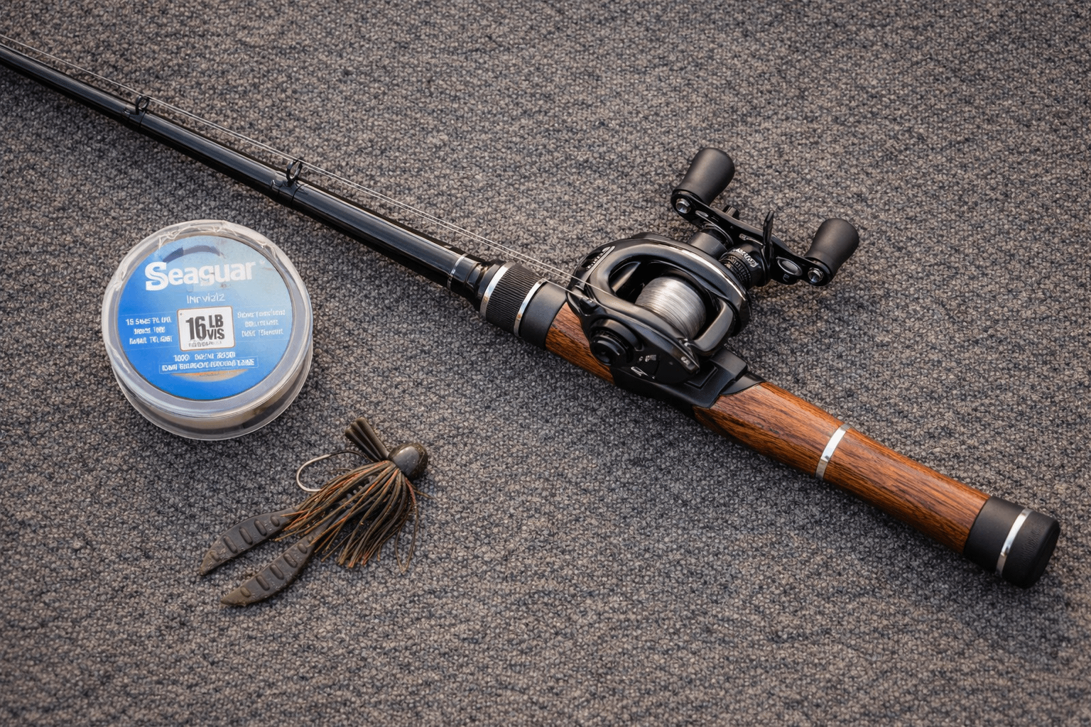 Baitcasting setup with jig, fluorocarbon, and casting rod on boat deck