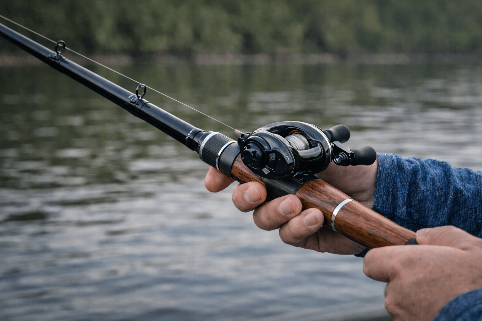 Angler holding a one-piece casting rod showing micro guides and wooden handle