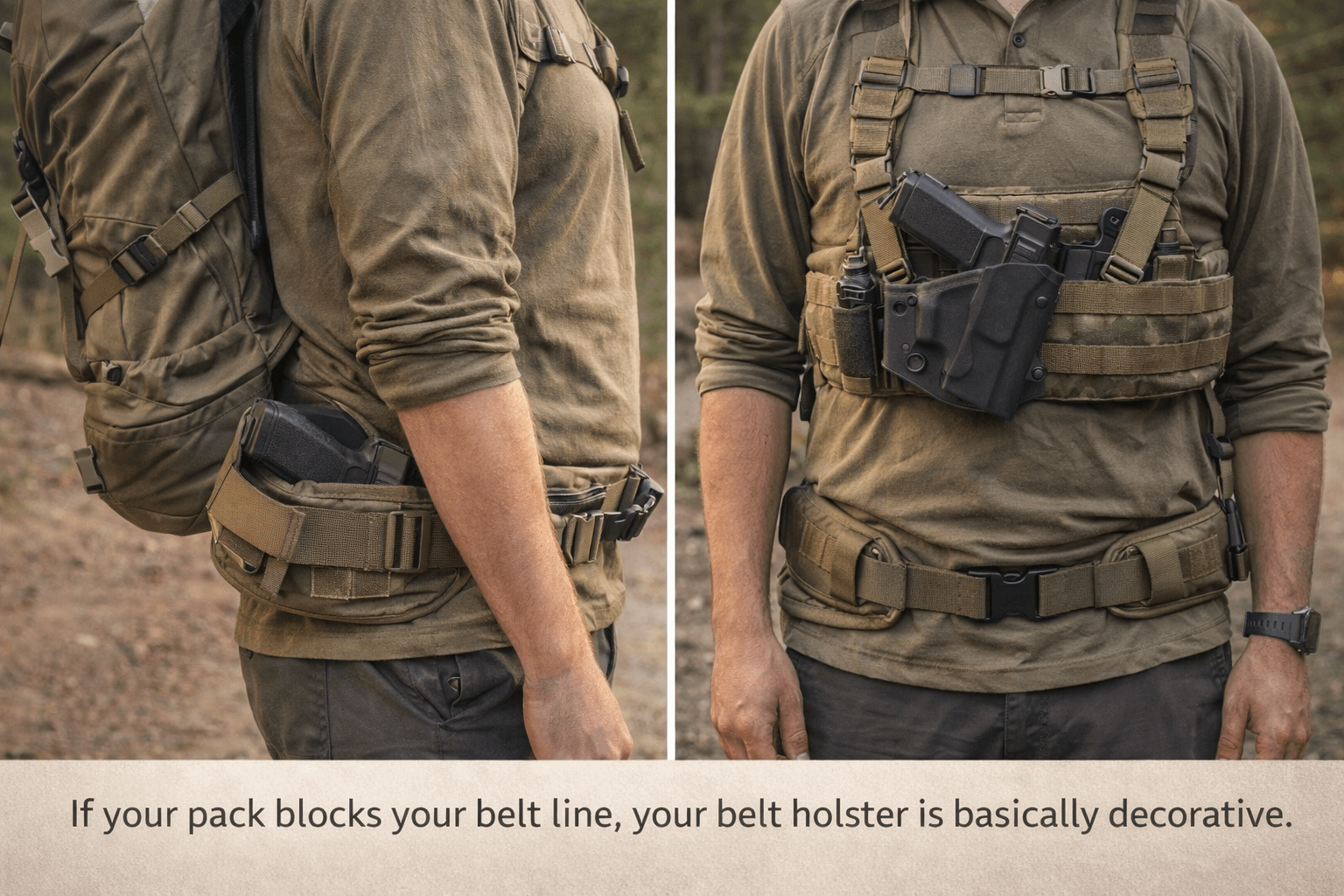 Comparison of chest carry vs belt carry with a backpack hip belt in a hiking setting