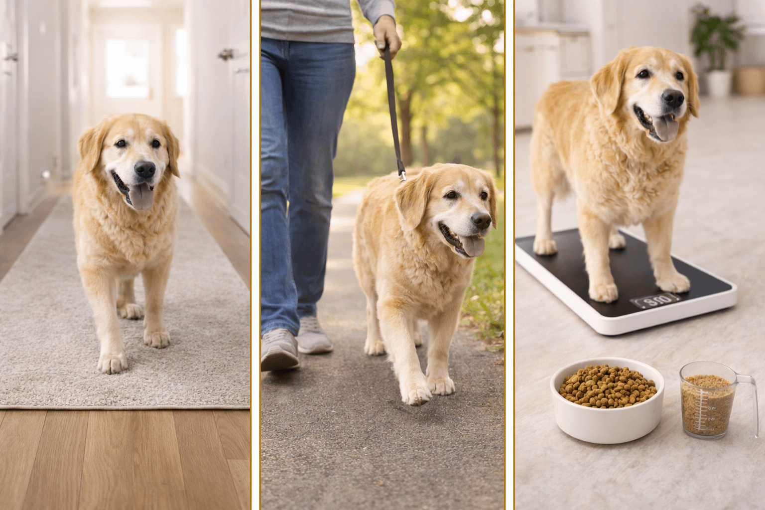 Collage of dog mobility plan basics including traction rugs, controlled leash walking, and healthy weight support for joint comfort