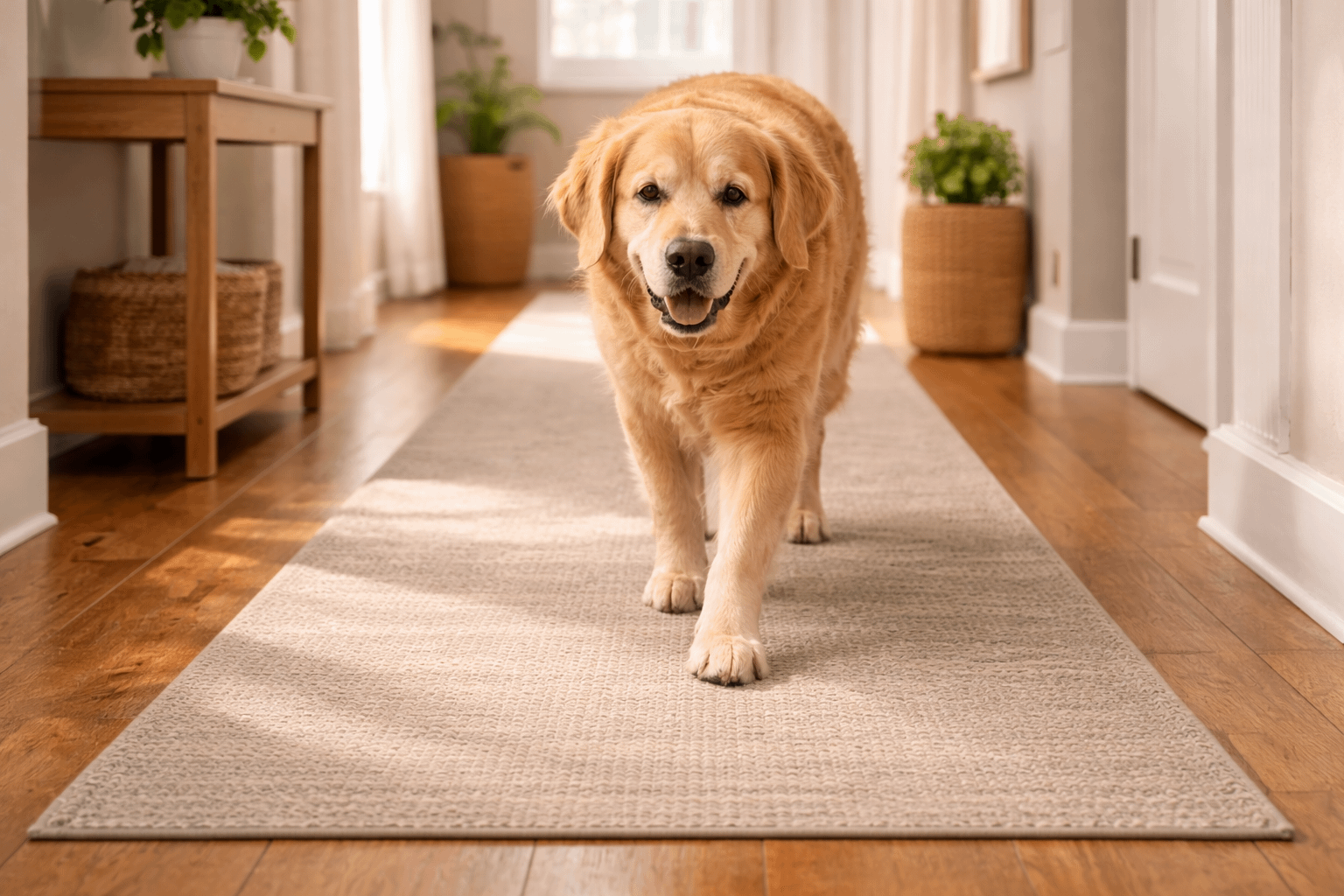 Traction rugs and runners on hardwood floors helping a dog with joint stiffness walk confidently indoors