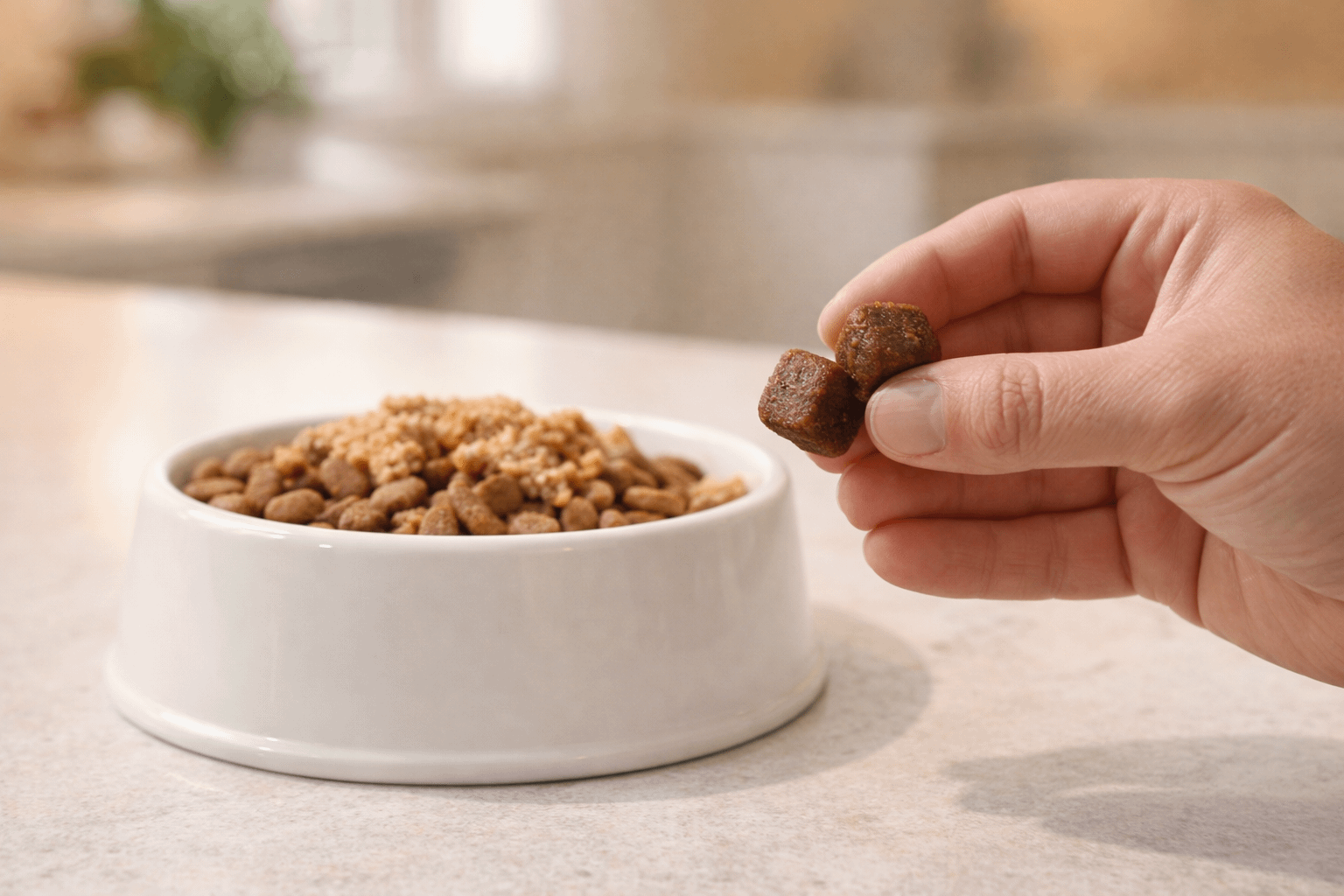 Giving joint soft chews with meals for easier digestion